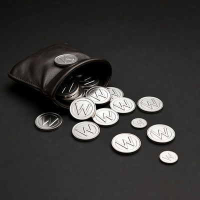 Silver coins spilling from leather pouch