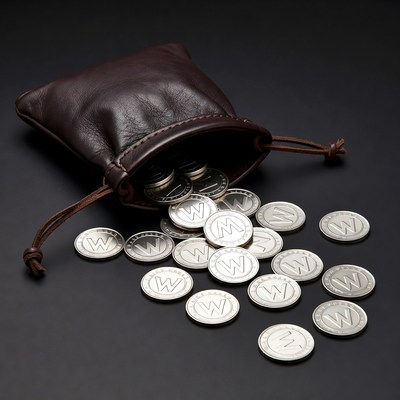 Brown leather pouch spilling silver W coins