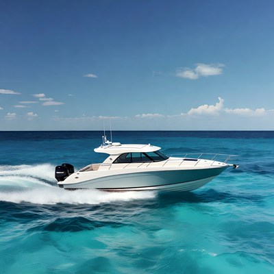 White speedboat racing turquoise ocean