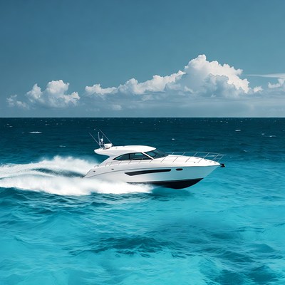 White luxury yacht speeding on ocean