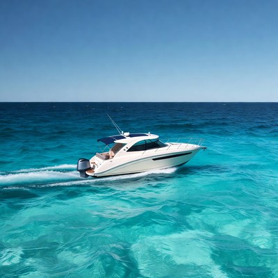 White speedboat cruising turquoise ocean