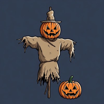 Scarecrow with pumpkin head and jack-o-lantern