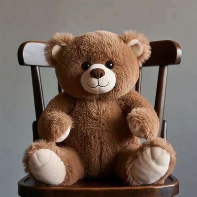Brown teddy bear sitting on wooden chair