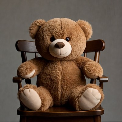 Brown teddy bear sitting in wooden chair