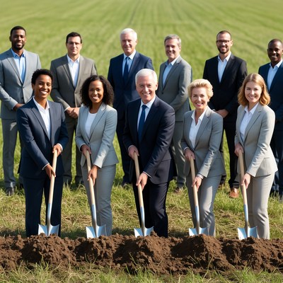 Diverse business team ground breaking ceremony