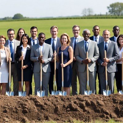 Diverse business team holding shovels