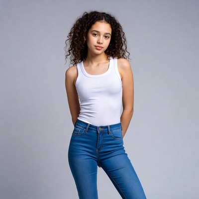 Curly-haired girl in white tank top