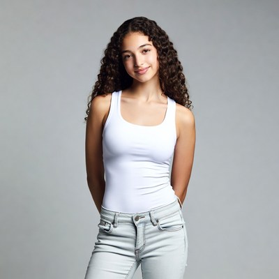 Smiling curly-haired girl in white tank top