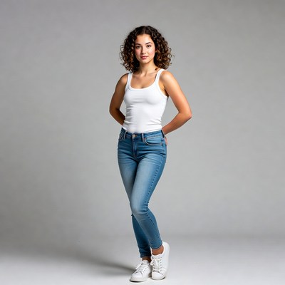 Curly-haired woman in white tank top jeans