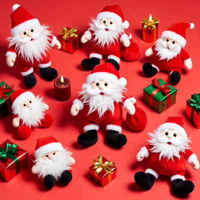 Group of Santa Claus Plush Toys with Gifts