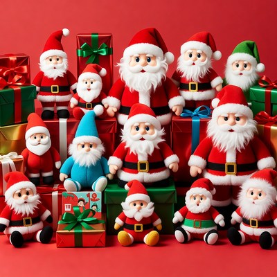 Group of Santa Claus Plush Toys with Gifts