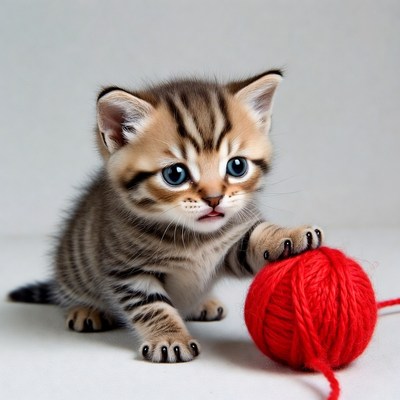 Kitten playing with red yarn ball