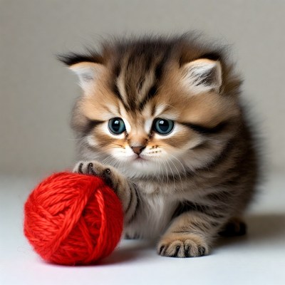 Kitten playing with red yarn ball