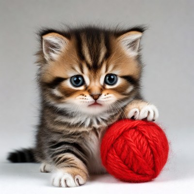 Kitten playing with red yarn ball