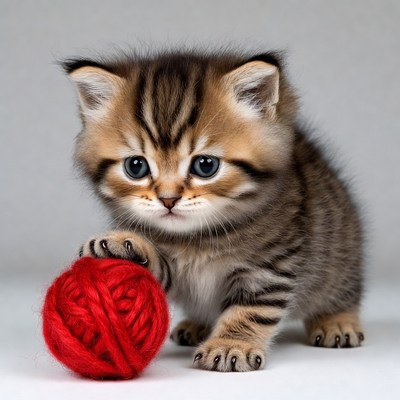 Kitten playing with red yarn ball