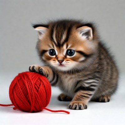 Kitten playing with red yarn