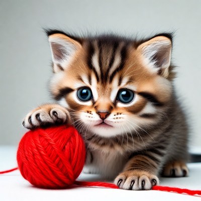 Kitten playing with red yarn ball