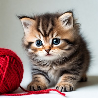 Kitten playing with red yarn ball