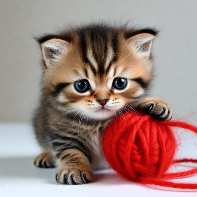 Kitten playing with red yarn