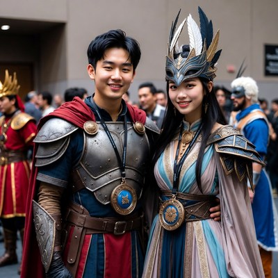 Asian couple in fantasy cosplay armor