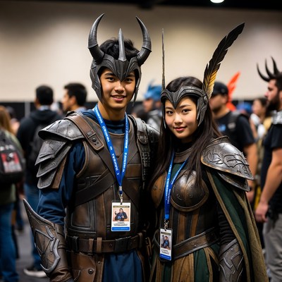 Asian couple in warrior cosplay at convention