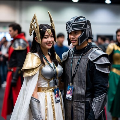 Asian couple in gold white cosplay armor
