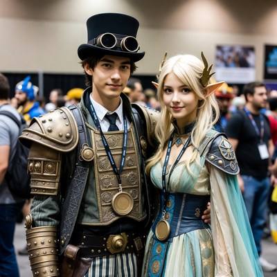Steampunk Man and Elf Woman Cosplay at Convention