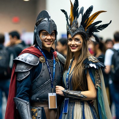 Knight and Feathered Headdress Cosplayers at Convention