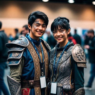 Asian couple in blue fantasy cosplay armor