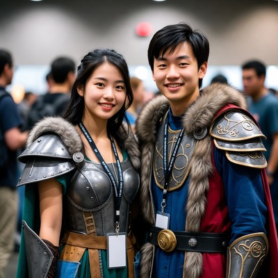 Asian couple in fantasy cosplay armor