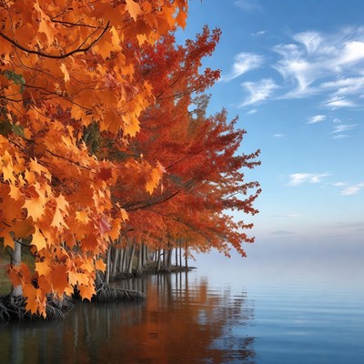 Autumn Red Trees by Calm Lake