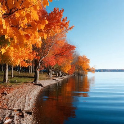 Autumn Trees by Lakeside Shore