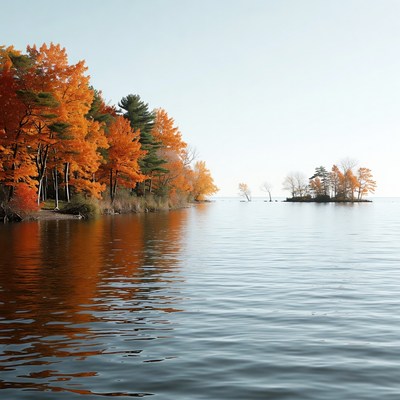 Autumn Trees by Lakeside with Island