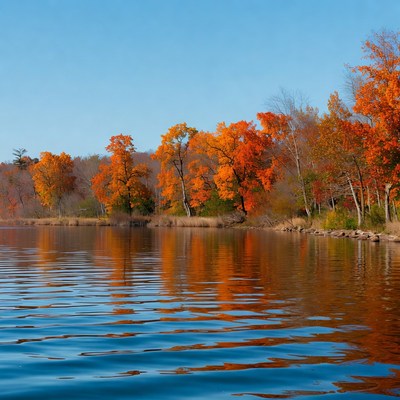 Autumn trees reflecting in lake