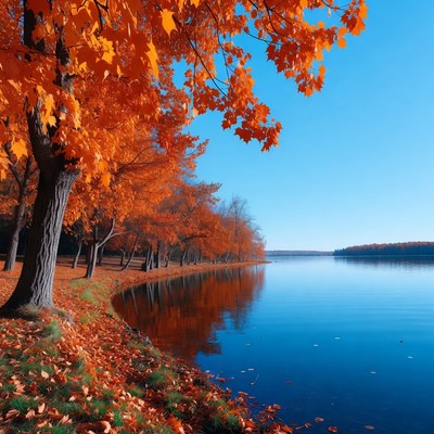 Autumn Trees by Calm Lake