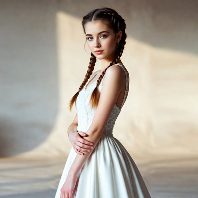 Teen girl in white dress with braids