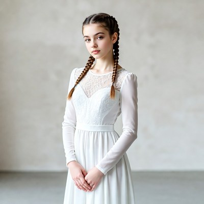 Girl in white lace dress with braids