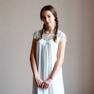 Girl in white lace nightgown with pigtails