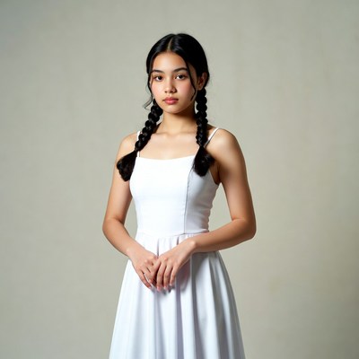 Asian girl in white dress with pigtails