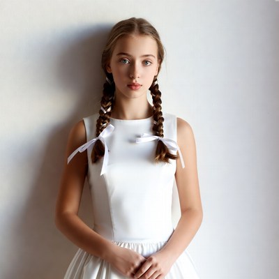 Girl in white dress with pigtails
