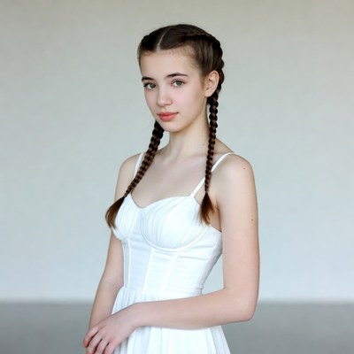 Girl with pigtails in white dress
