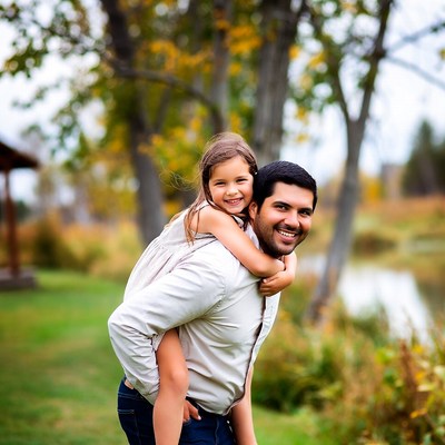 Father carrying smiling girl on shoulders