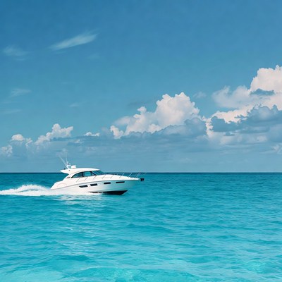 White yacht speeding on turquoise ocean