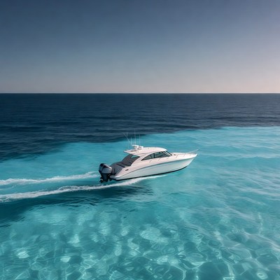 White speedboat cruising turquoise ocean