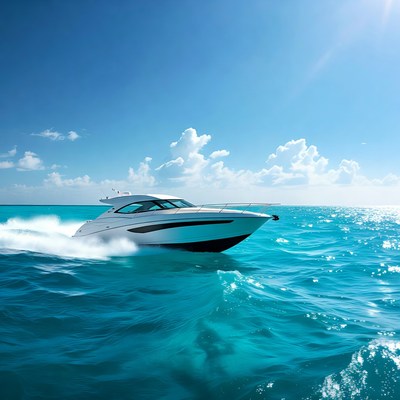White speedboat racing on turquoise ocean
