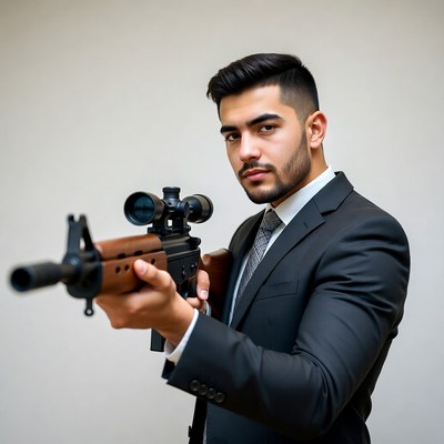 Man in suit holding rifle