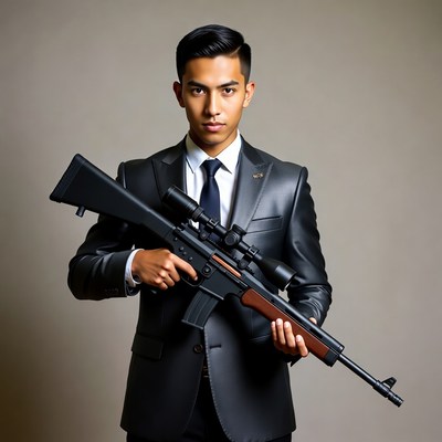 Asian man in suit holding rifle