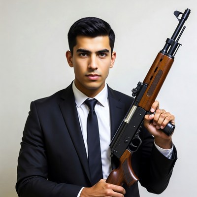 Man in suit holding AK-47 rifle