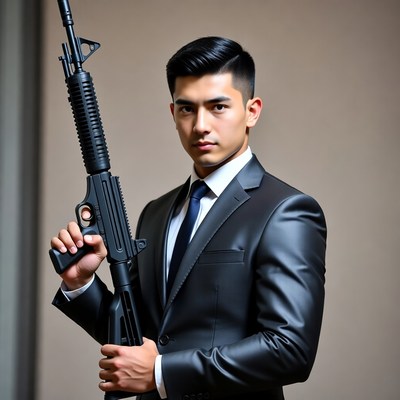 Asian man in suit holding rifle