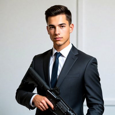 Man in suit holding rifle
